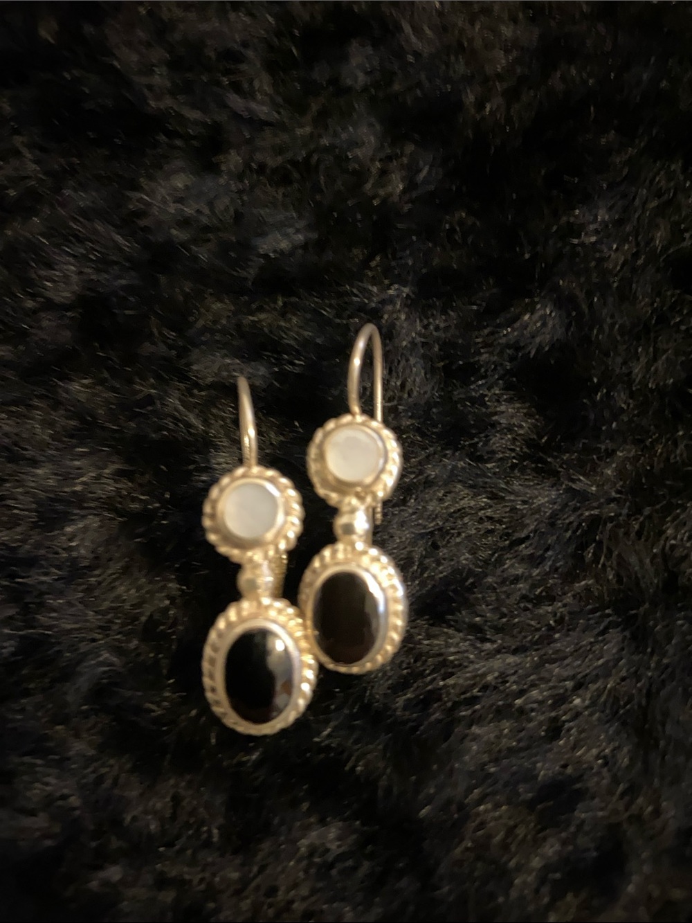 Sterling Silver Drop Earrings with Black Onyx and Mother of Pearl